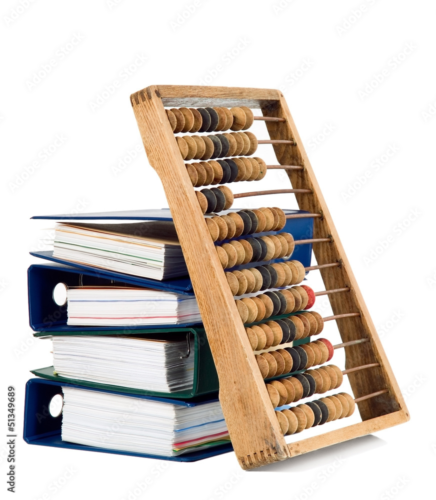 Mathematical calculator abacus with papers