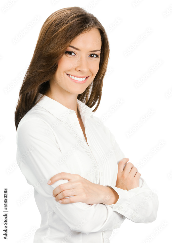 Young cheerful business woman, isolated on white background Young cheerful business woman, isolated on white background
