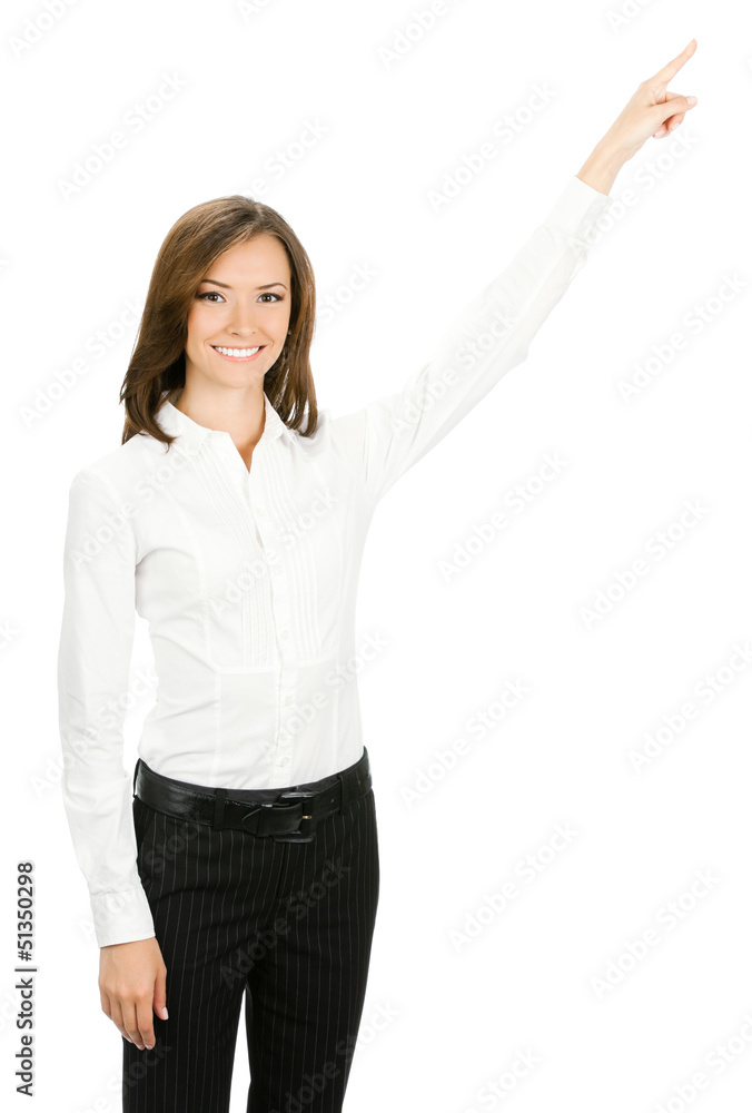 Businesswoman showing something, isolated Businesswoman showing something, isolated