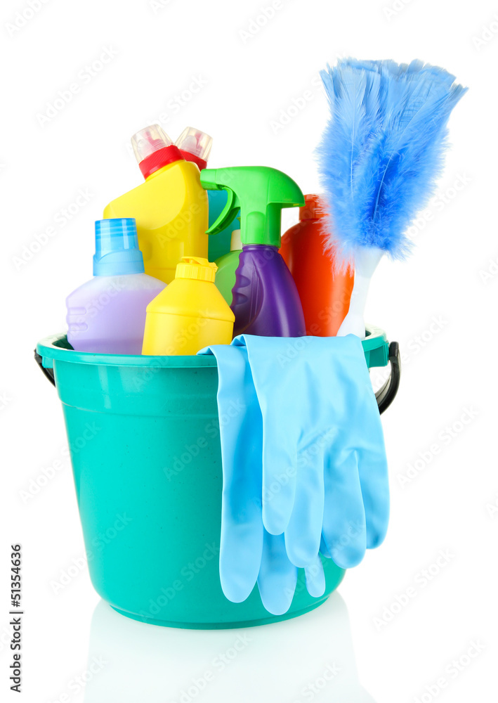 Cleaning items in bucket isolated on white Cleaning items in bucket isolated on white