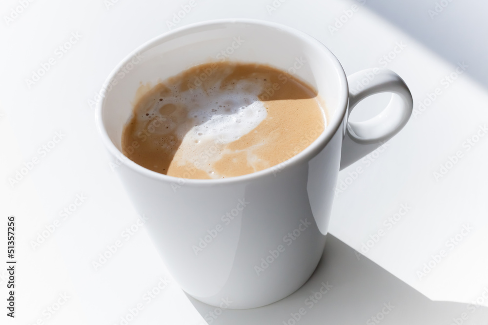 Cappuccino coffee in a ceramic cup on white table Cappuccino coffee in a ceramic cup on white table