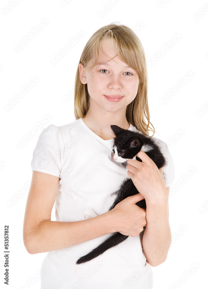 Portrait of a teenage girl with her pet cat. isolated Portrait of a teenage girl with her pet cat. isolated