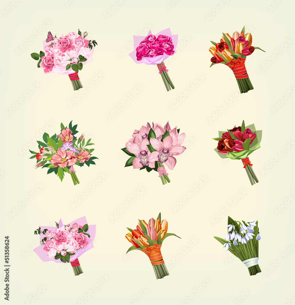 set of many bouquets of flowers set of many bouquets of flowers