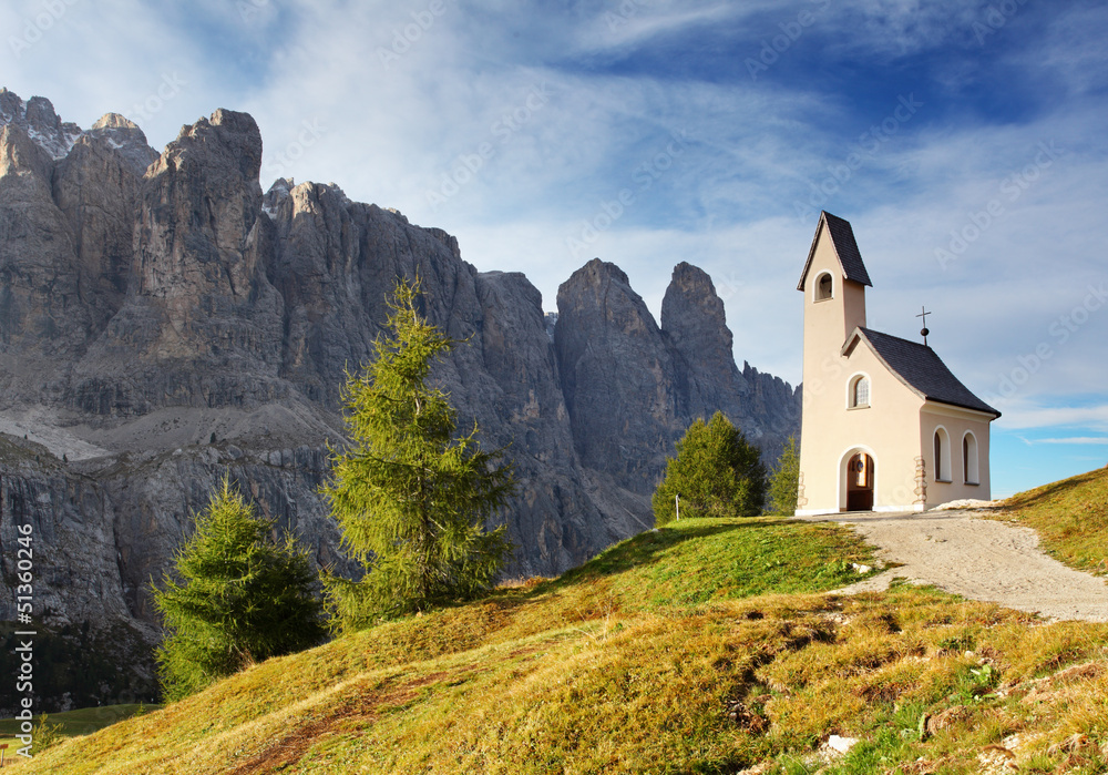 Nature landscape with nice church in a mountain pass in Italy Al