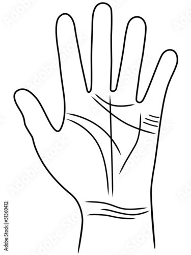Strichgrafik zum Thema Handlesen: Hand mit relevanten Handlinien