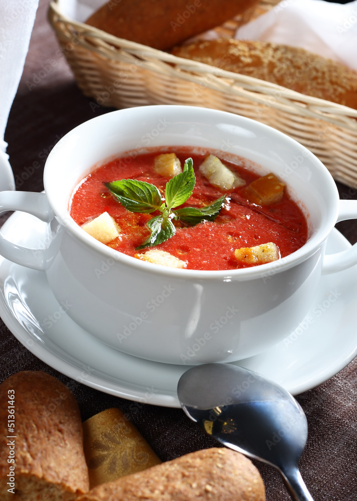 Delicious cold Gazpacho soup in white bowl Delicious cold Gazpacho soup in white bowl