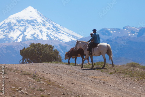 Gauchos and herd of cows, volcano Lanin, Patagonia, Argentina