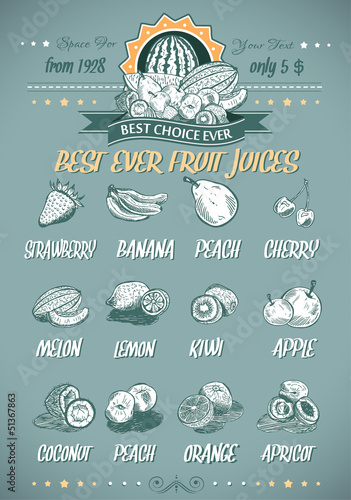 Retro style template for genuine fruit juices menu