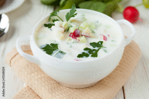 soup with yogurt and vegetables, okroshka Russian