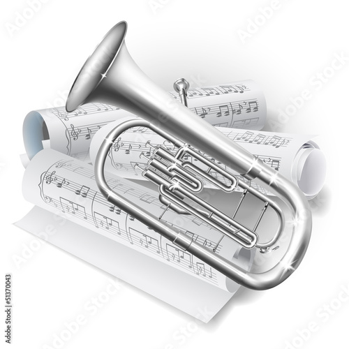 Baritone horn / Euphonium tuba on white background with notes