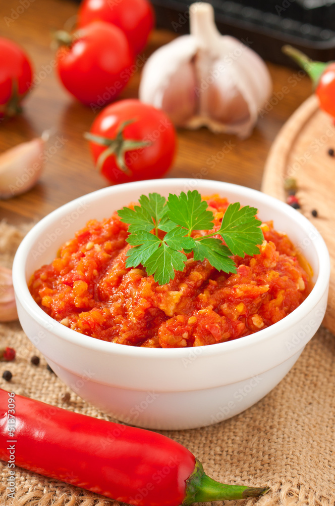 Red hot chili pepper and ingredients for sauce Red hot chili pepper and ingredients for sauce