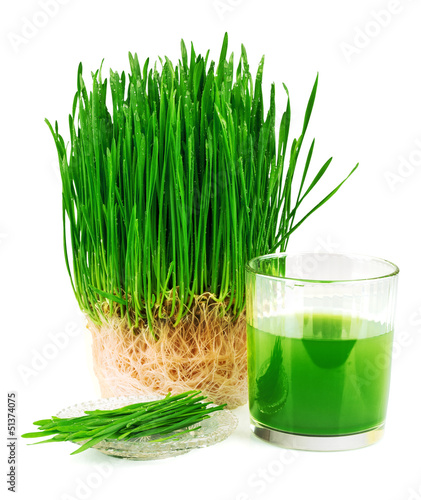 Wheatgrass juice with sprouted wheat on the plate