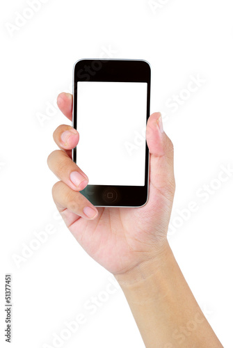 Hand holding smart mobile phone with blank screen