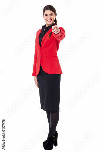 Elegant presentable businesswoman pointing