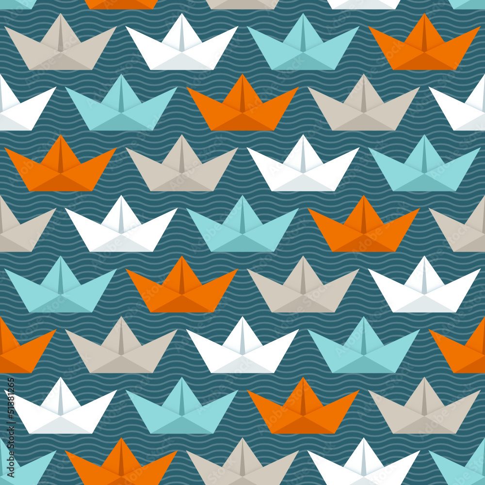Obraz premium Seamless Pattern Paperboats & Waves Retro