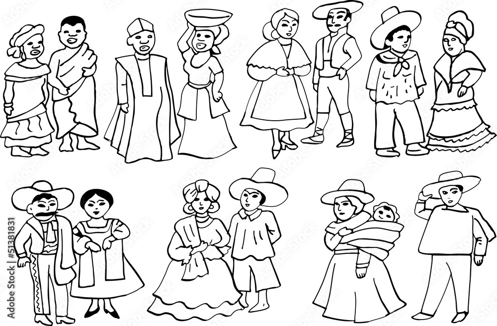 African and Latin American characters in national costumes African and Latin American characters in national costumes