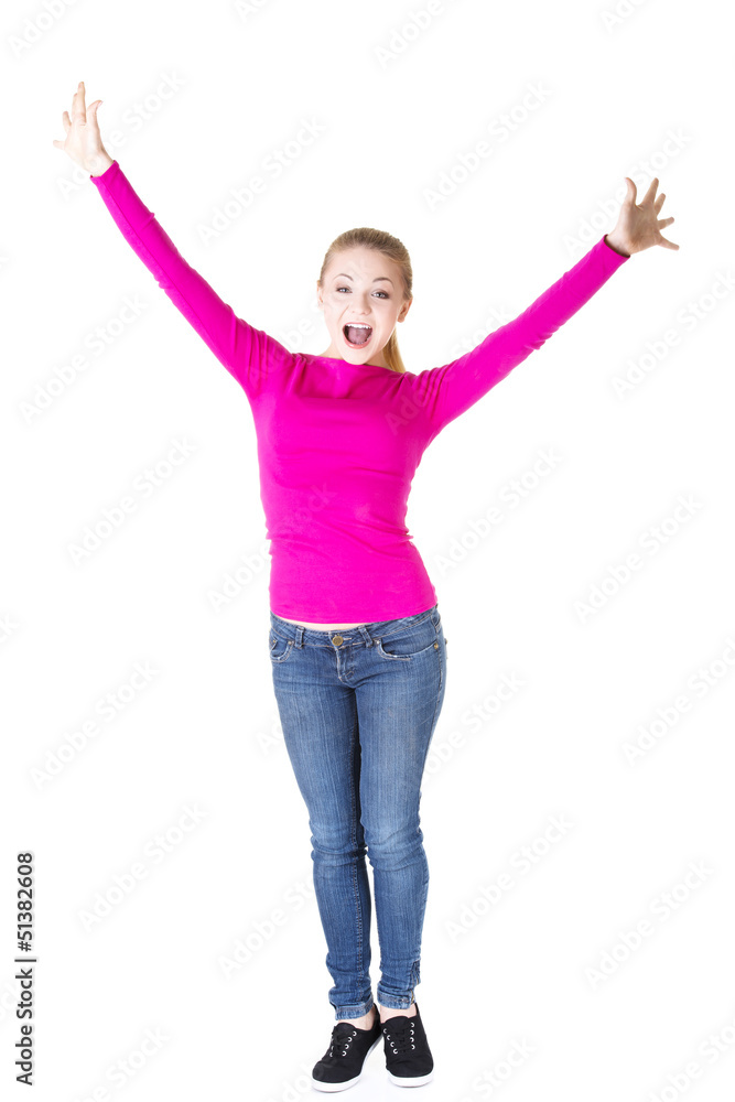 Excited happy woman with hands up Excited happy woman with hands up