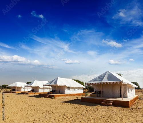 Tent camp in desert. Jaisalmer, Rajasthan, India.