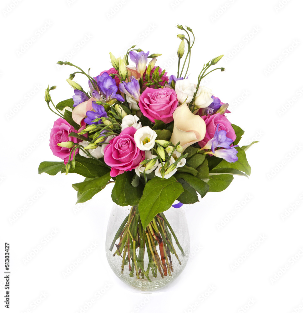 bouquet of pink and violet flowersin vase isolated on white bouquet of pink and violet flowersin vase isolated on white