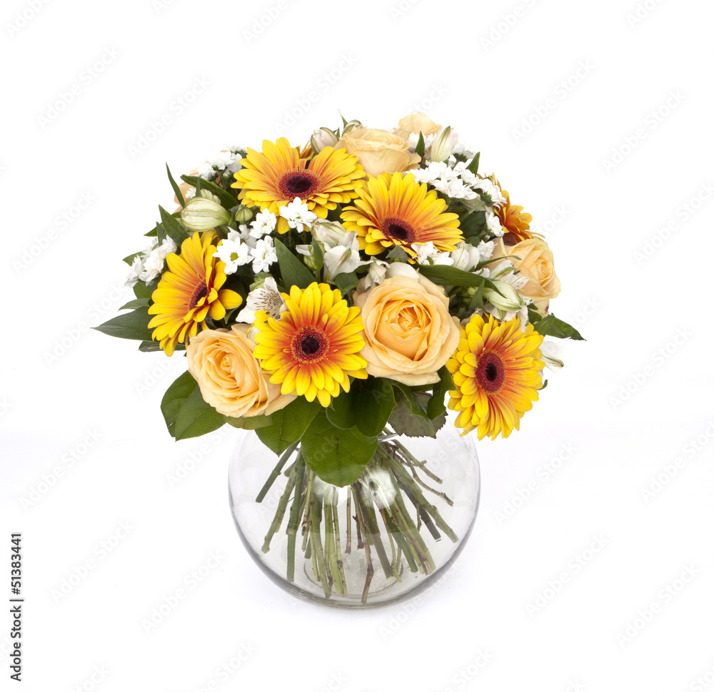 bouquet of yellow roses and gerberas in vase isolated on white