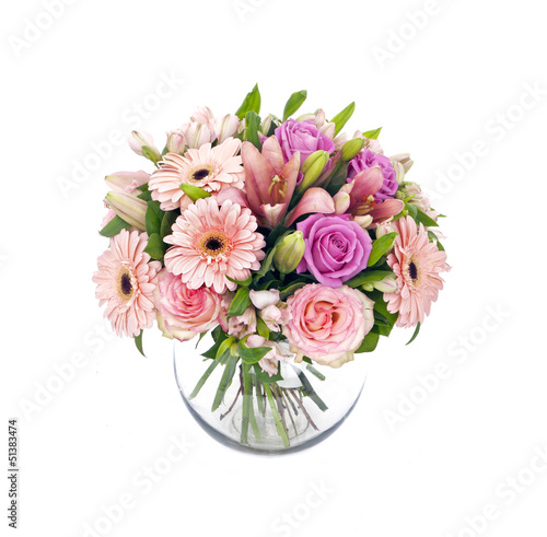 bouquet of pink roses and gerberas isolated on white