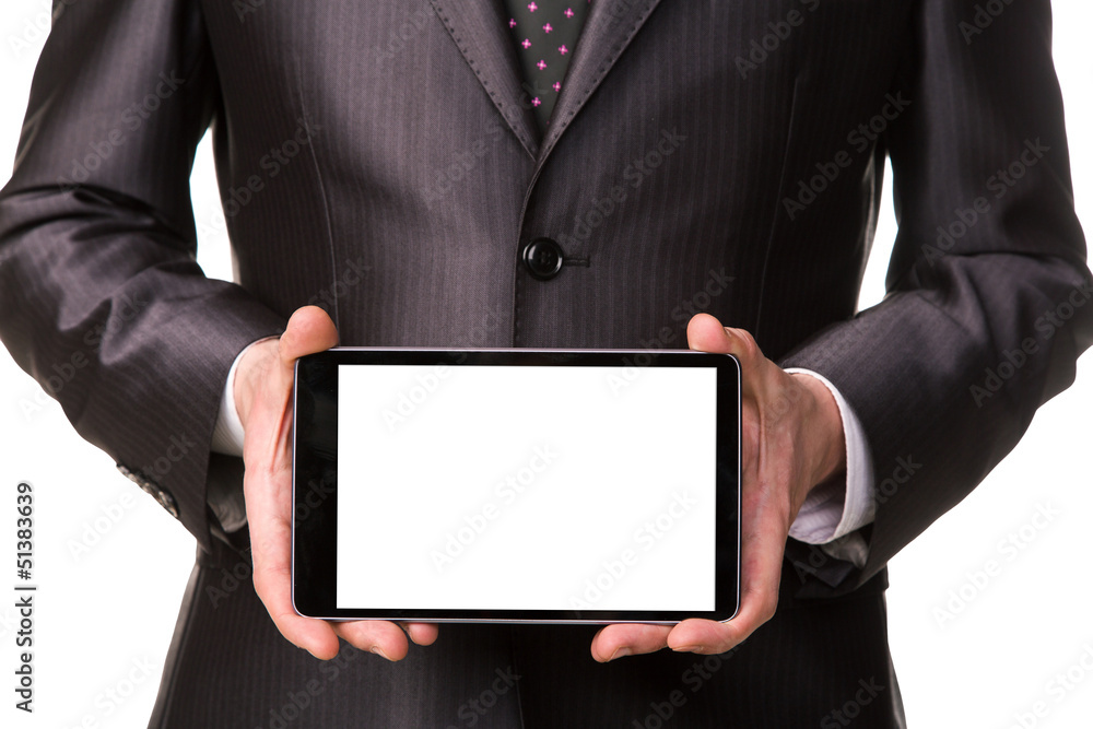 Businessman's hand showing a tablet pc comuter with blank screen Businessman's hand showing a tablet pc comuter with blank screen