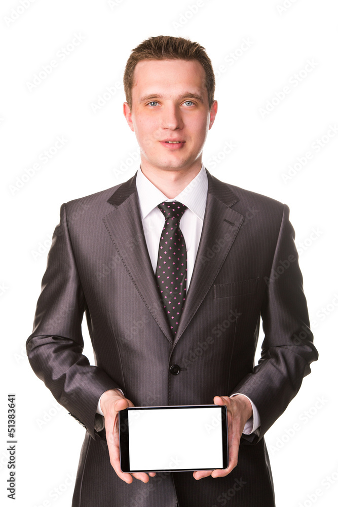 Young businessman showing a tablet pc comuter with blank screen Young businessman showing a tablet pc comuter with blank screen