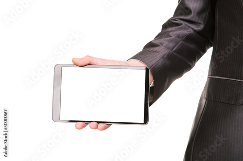 Fototapeta Naklejka Na Ścianę i Meble -  Young businessman showing a tablet pc comuter with blank screen