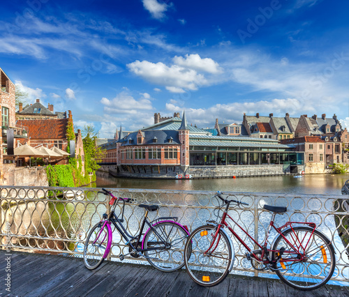 Bridge, bicycles and canal. Ghent, Belghium