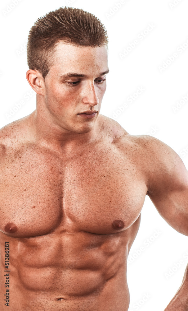 Portrait of bodybuilder, close up of torso over white background