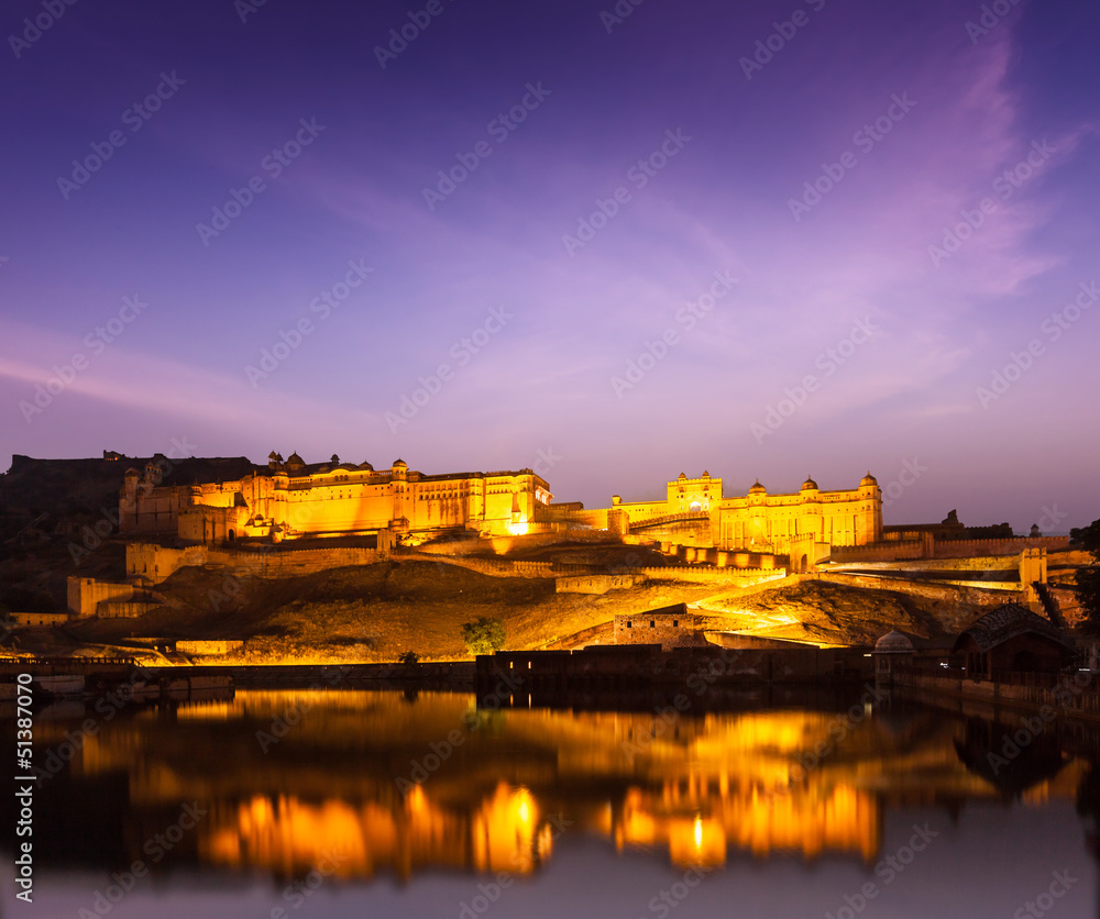 Amer Fort (Amber Fort) at night in twilight.  Jaipur, Rajastan,