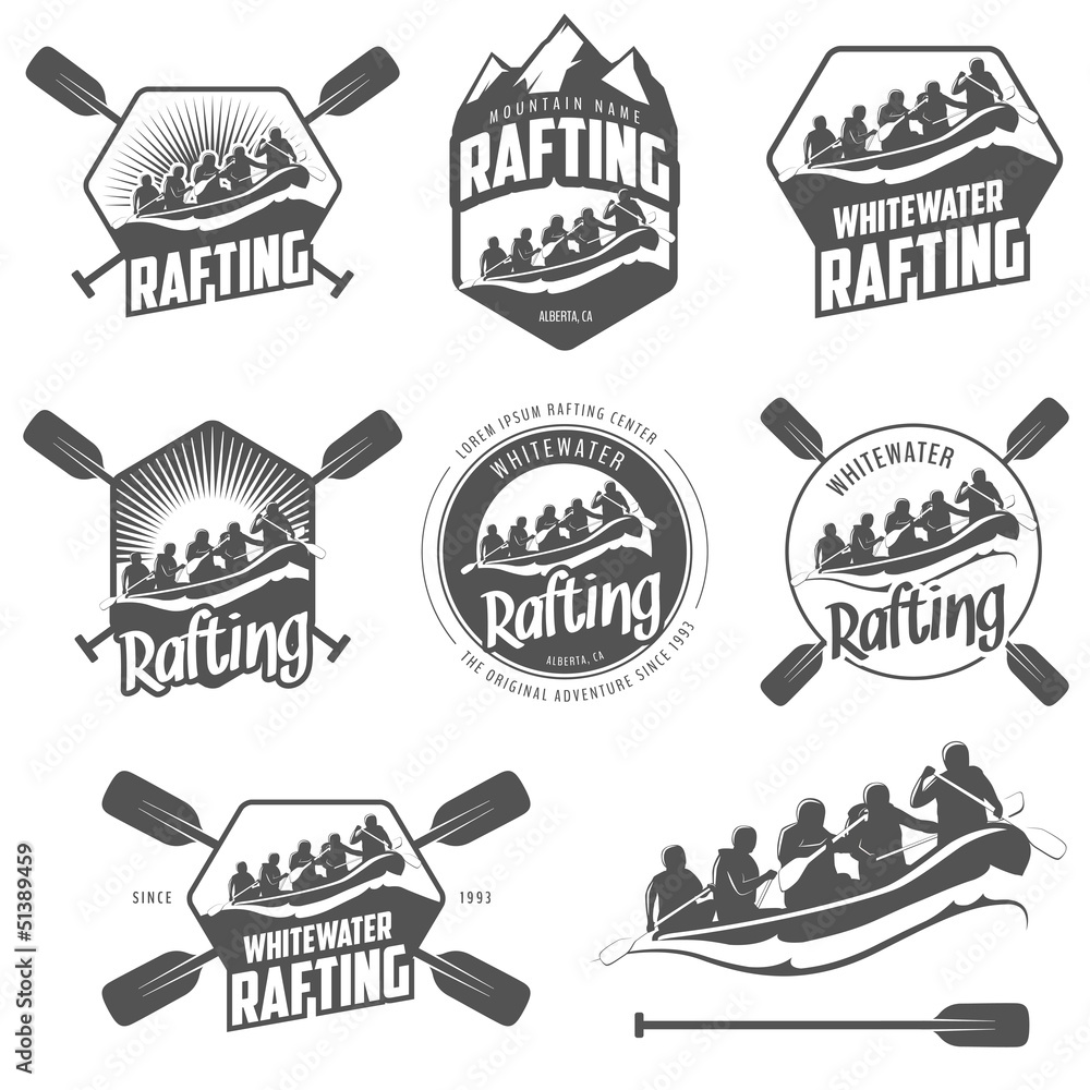 Set of vintage whitewater rafting labels and badges - obrazy, fototapety, plakaty 