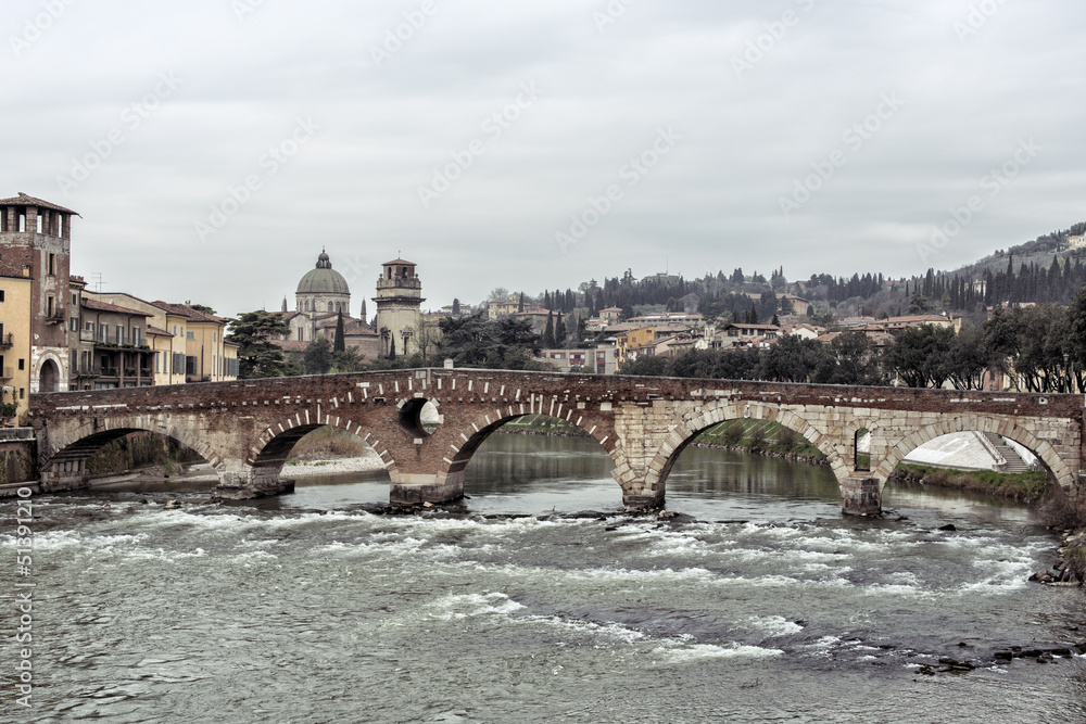 Ponte Pietra and the River Adige, Verona,Italy