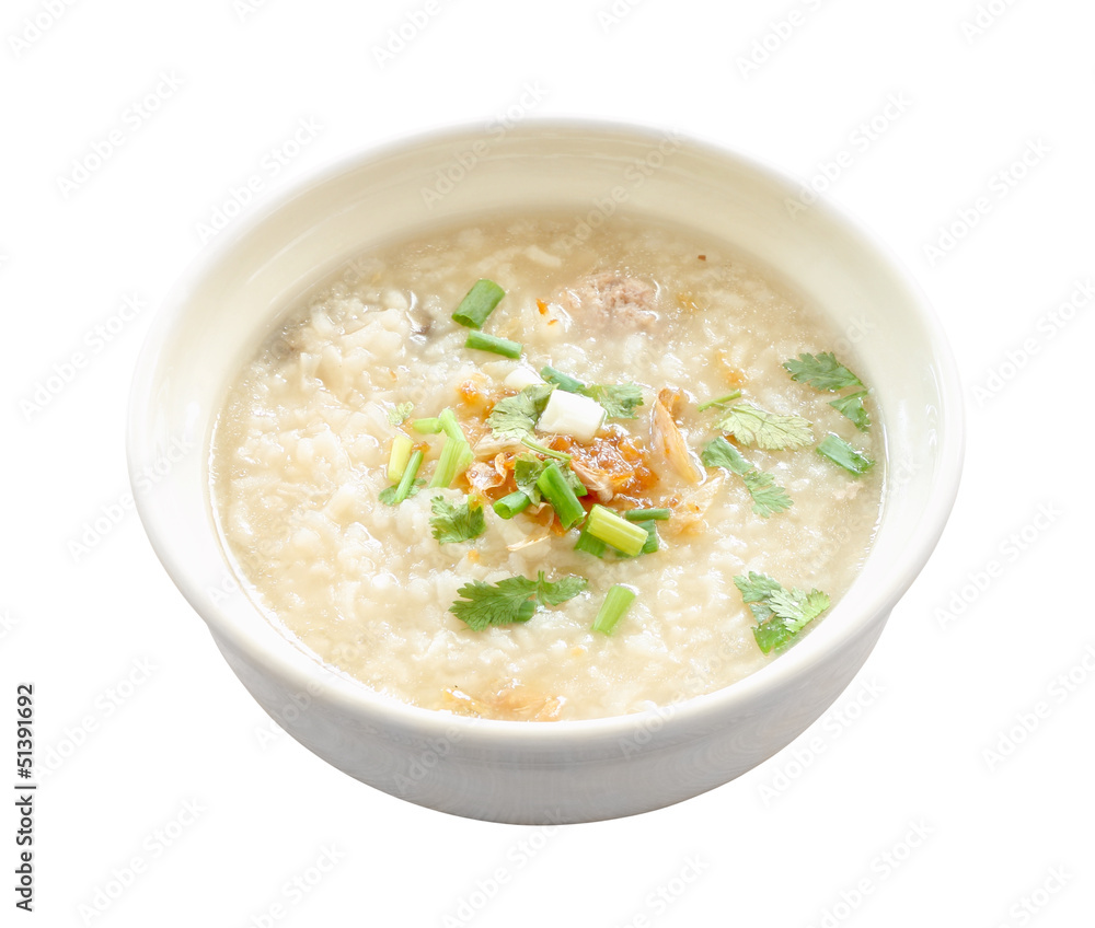 Asian congee round bowl on white background.