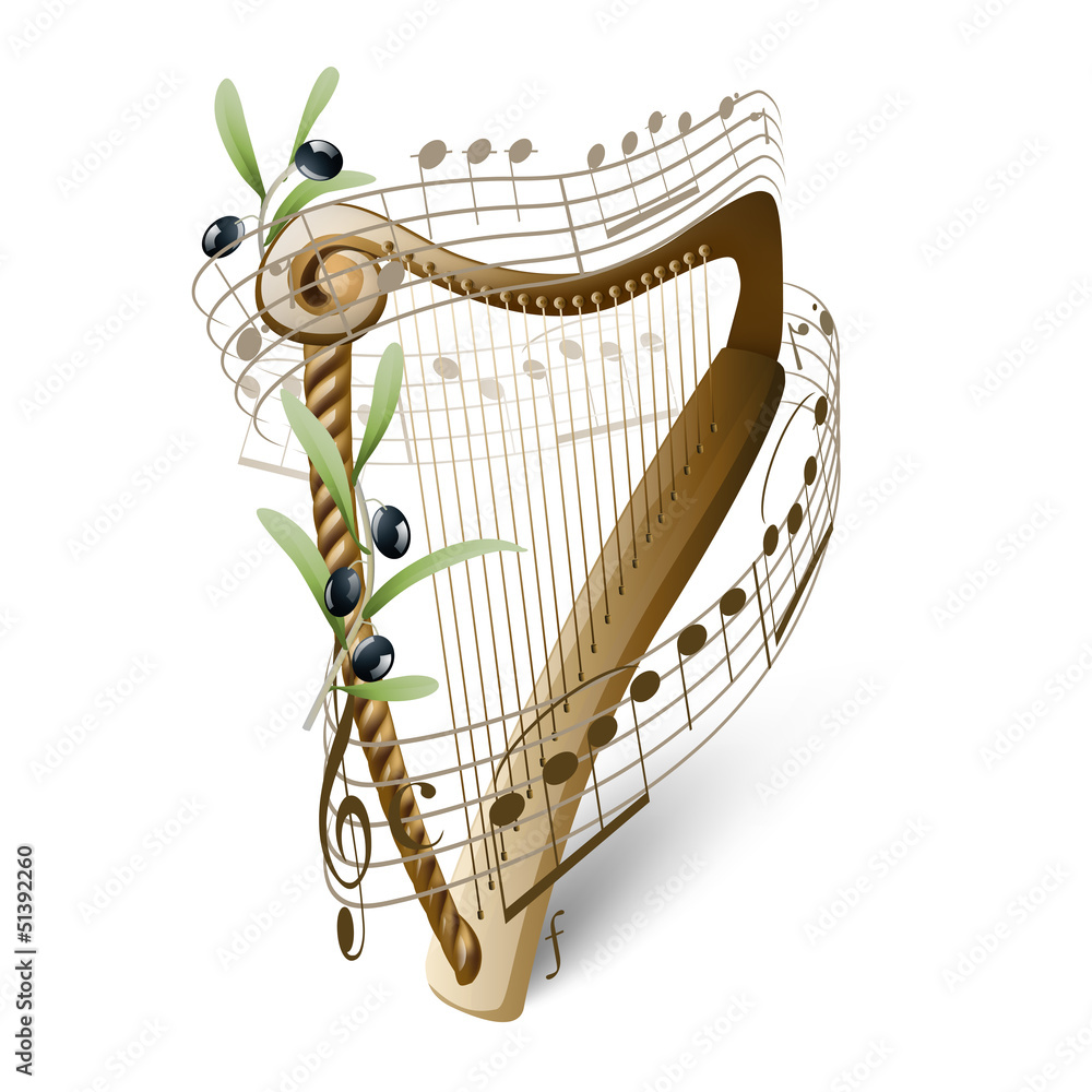 Naklejka premium wooden harp and olives