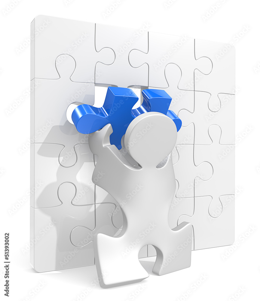 Last Piece.Puzzle People putting last piece in Puzzle Wall.Blue. Stock  Illustration | Adobe Stock