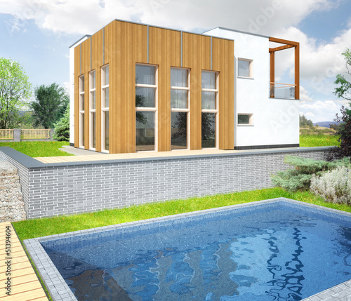 New modern house with a garden around and pool