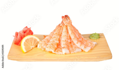 Sashimi with shrimp isolated on white
