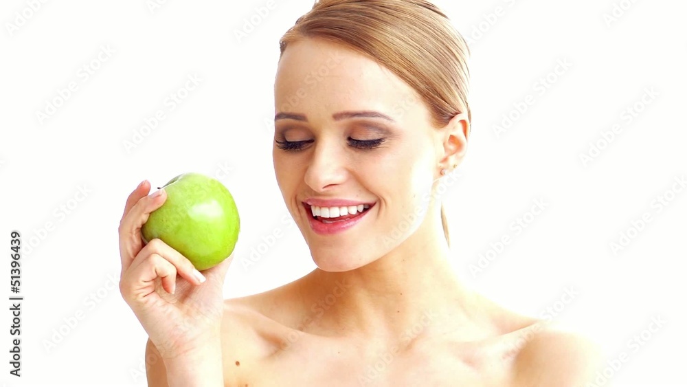 Happy Blond Woman Holding Green Apple While Isolated Happy Blond Woman Holding Green Apple While Isolated