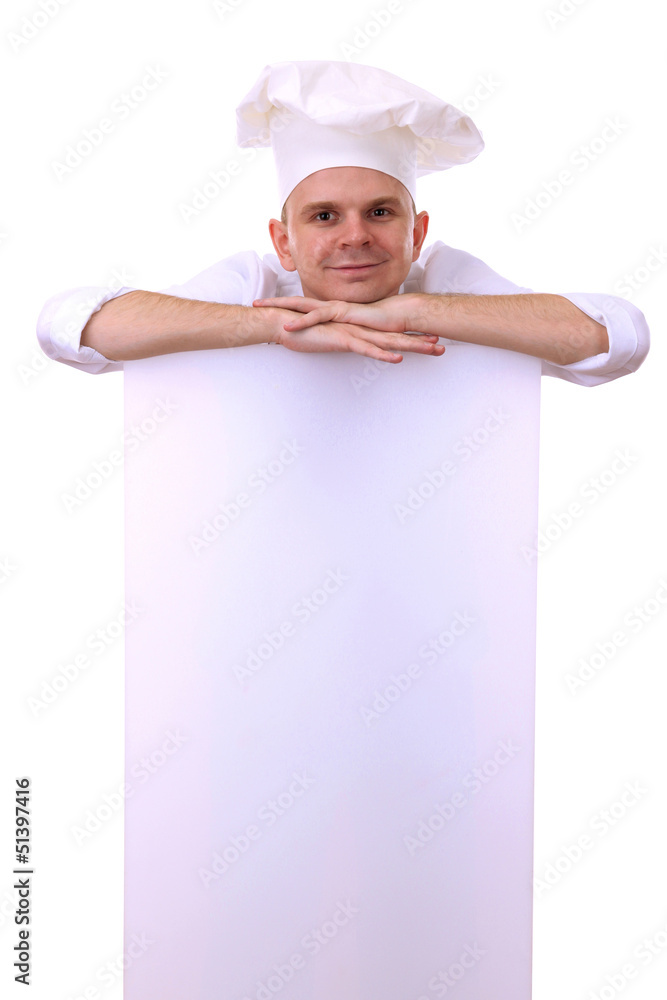 portrait of chef with empty board isolated on white portrait of chef with empty board isolated on white