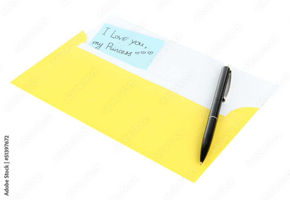 Note in envelope with pen isolated on white Note in envelope with pen isolated on white