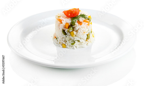 Delicious risotto with vegetables, isolated on white