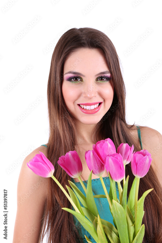 Young beautiful girl in green dress with tulips in her hand, Young beautiful girl in green dress with tulips in her hand,