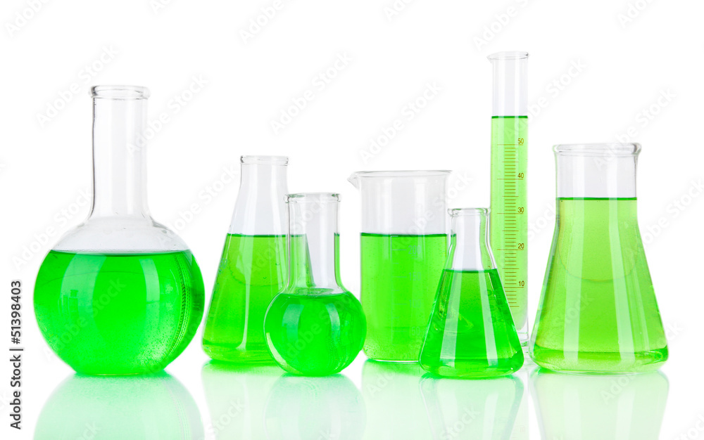 Test-tubes with green liquid isolated on white Test-tubes with green liquid isolated on white