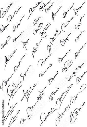 Collection of fictitious contract signatures. Autograph illustra