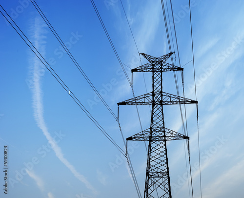 high voltage post.High-voltage tower sky background.