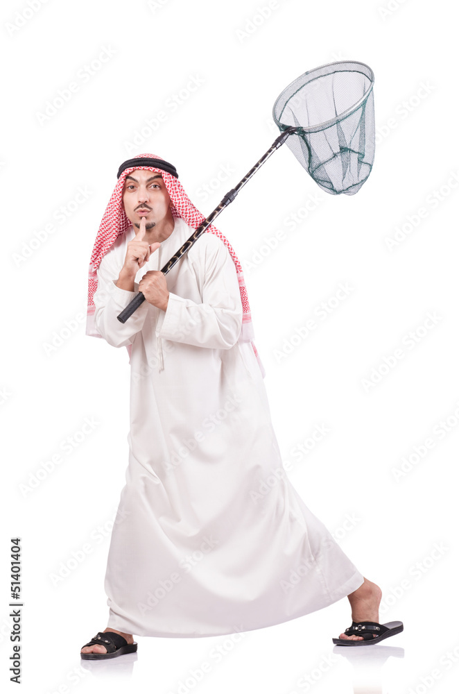 Arab businessman with catching net on white Arab businessman with catching net on white