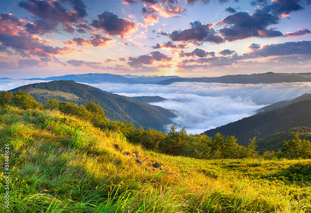 Beautiful summer landscape in the mountains. Sunrise