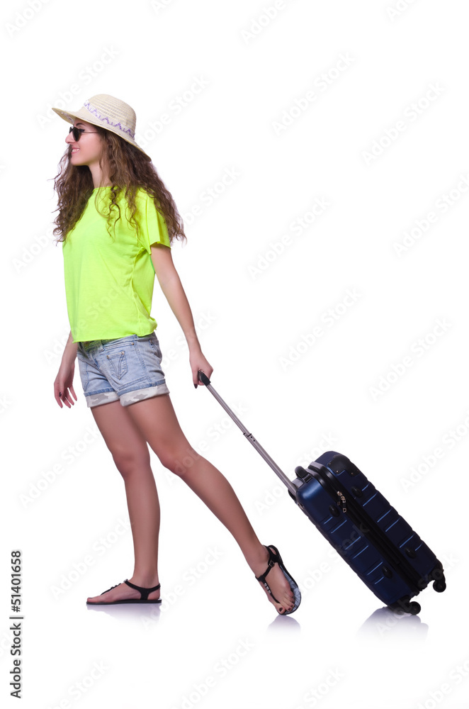 Young woman with suitcase on white Young woman with suitcase on white