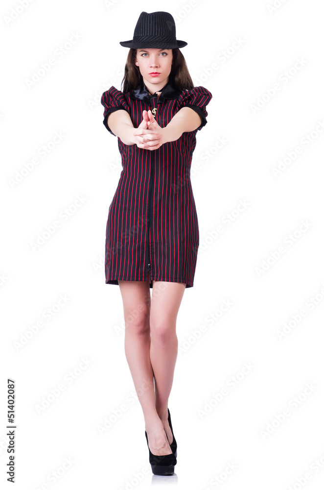 Woman gangster with handgun on white